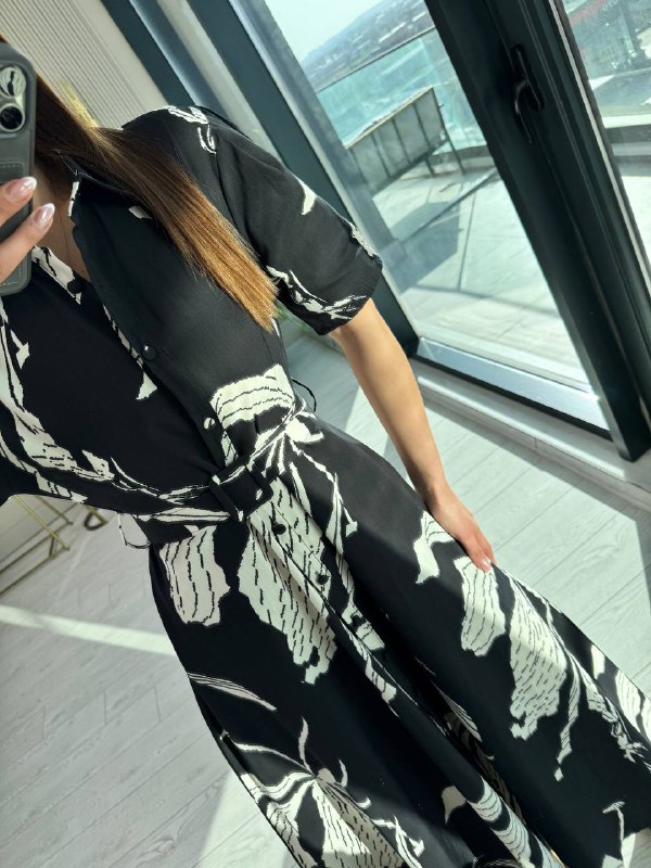 Siyah%20Desenli%20Kemerli%20Premium%20Poplin%20Kumaş%20Gömlek%20Elbise