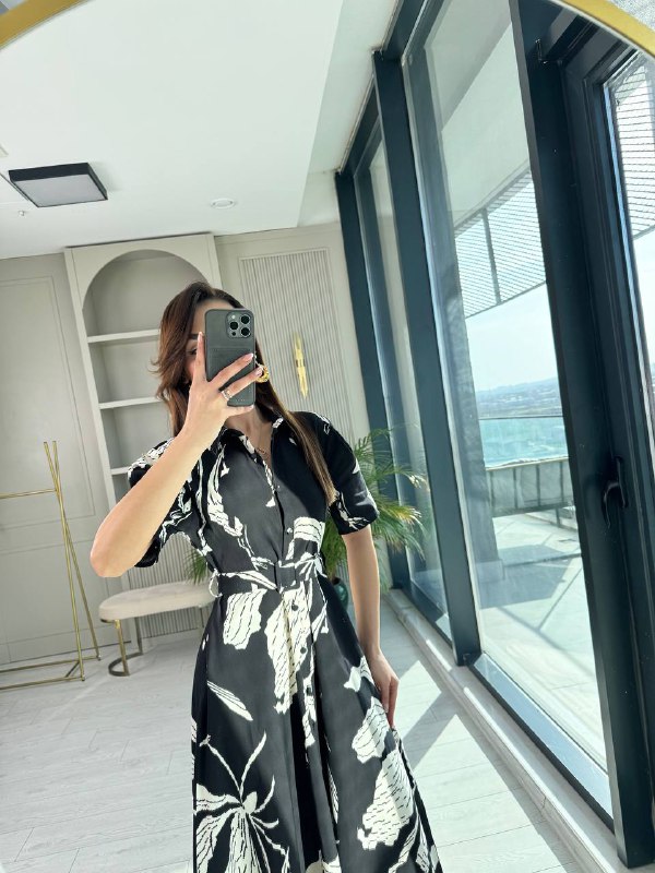 Siyah%20Desenli%20Kemerli%20Premium%20Poplin%20Kumaş%20Gömlek%20Elbise