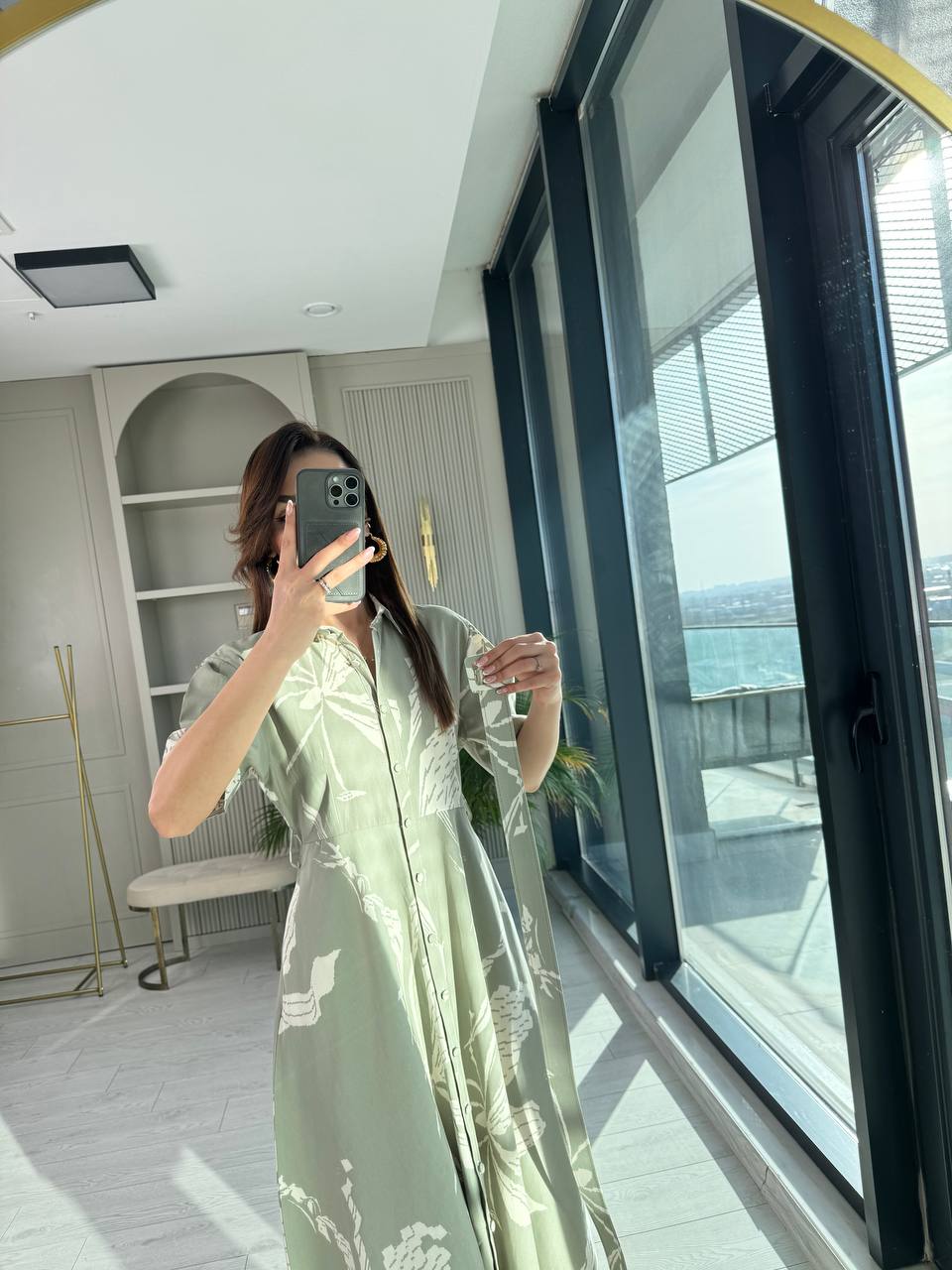 Mint%20Desenli%20Kemerli%20Premium%20Poplin%20Kumaş%20Gömlek%20Elbise