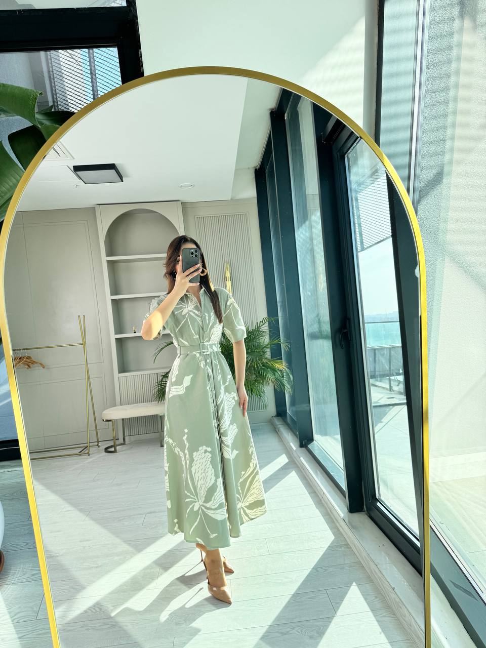 Mint%20Desenli%20Kemerli%20Premium%20Poplin%20Kumaş%20Gömlek%20Elbise