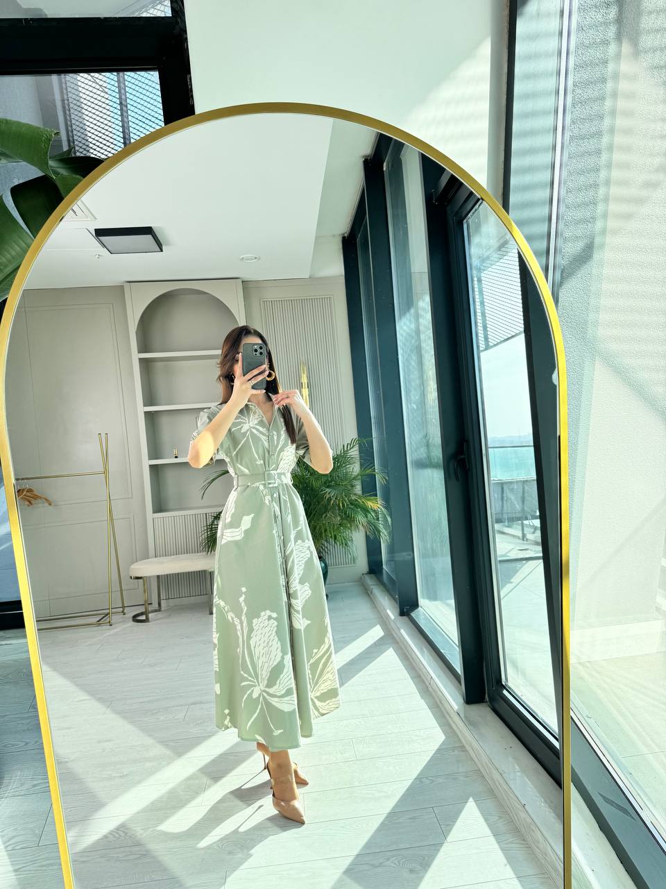 Mint%20Desenli%20Kemerli%20Premium%20Poplin%20Kumaş%20Gömlek%20Elbise