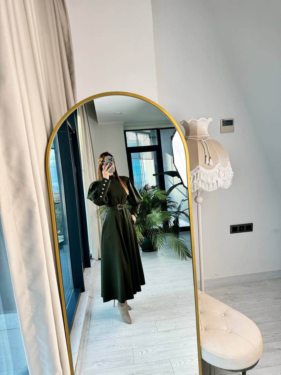 Haki%20Kemerli%20Lüks%20Kalite%20Atlas%20Kumaş%20Kol%20Detay%20Elbise