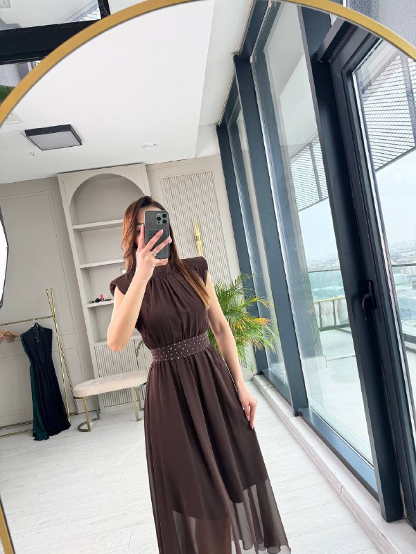 Kahverengi%20Taşlı%20Kuşak%20Detaylı%20Astarlı%20Şifon%20Elbise