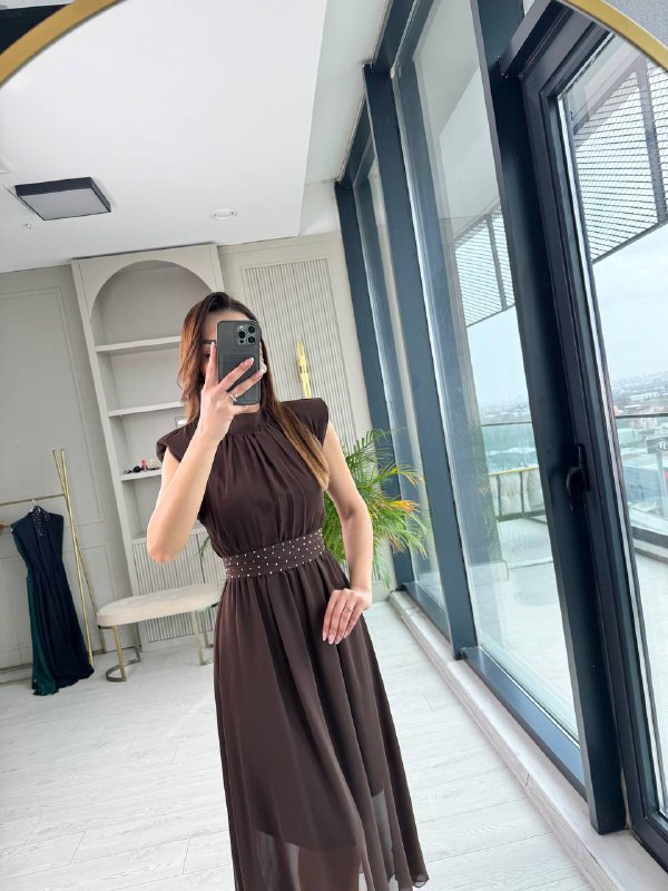 Kahverengi%20Taşlı%20Kuşak%20Detaylı%20Astarlı%20Şifon%20Elbise