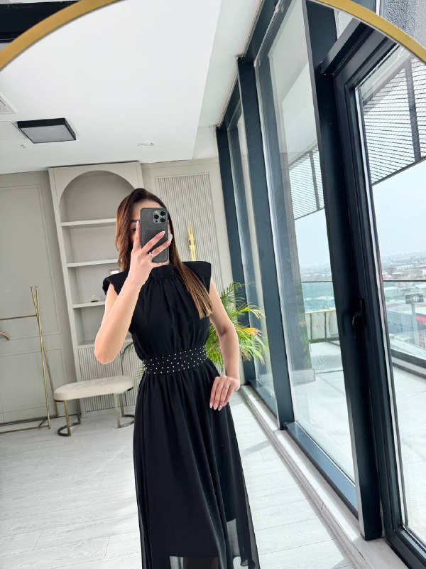 Siyah%20Taşlı%20Kuşak%20Detaylı%20Astarlı%20Şifon%20Elbise