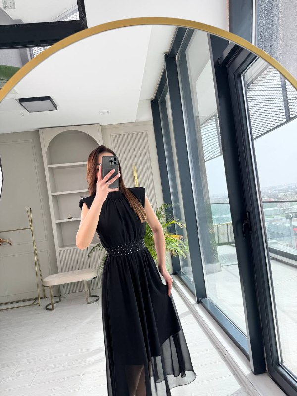 Siyah%20Taşlı%20Kuşak%20Detaylı%20Astarlı%20Şifon%20Elbise