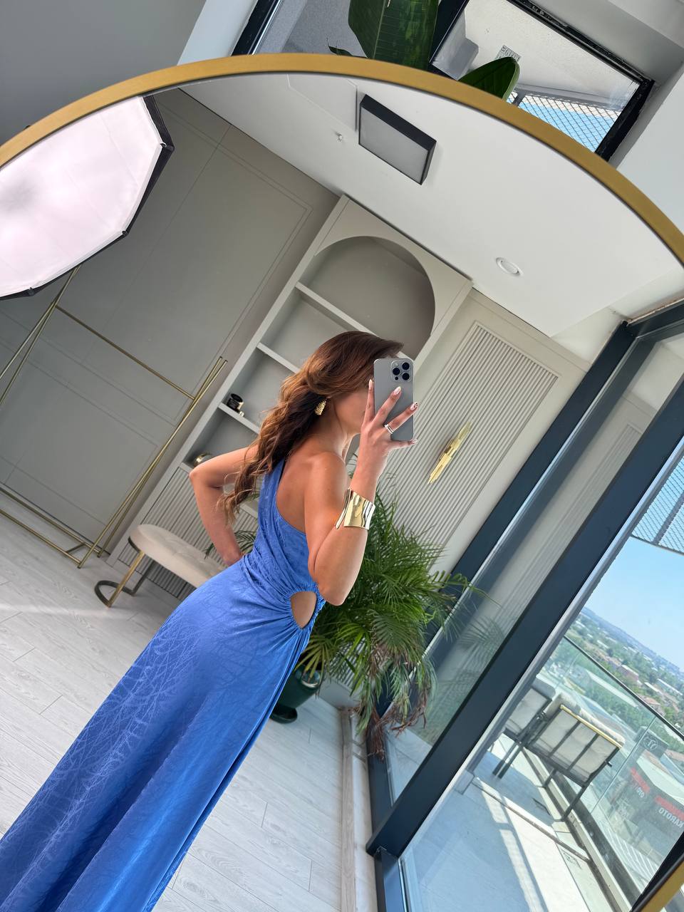 Tasarım%20Mavi%20Jakarlı%20Saten%20Bel%20Detay%20Elbise