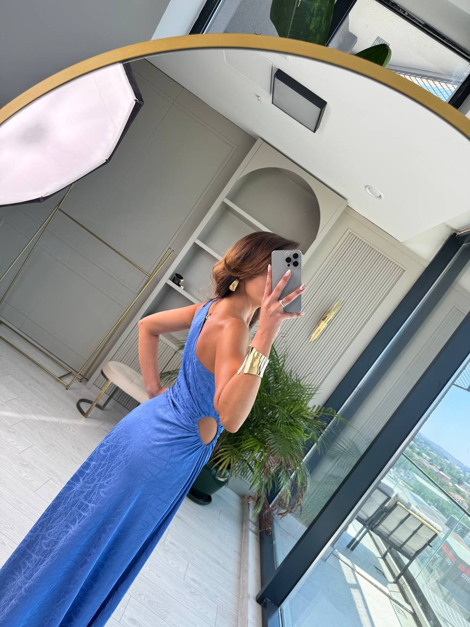 Tasarım%20Mavi%20Jakarlı%20Saten%20Bel%20Detay%20Elbise