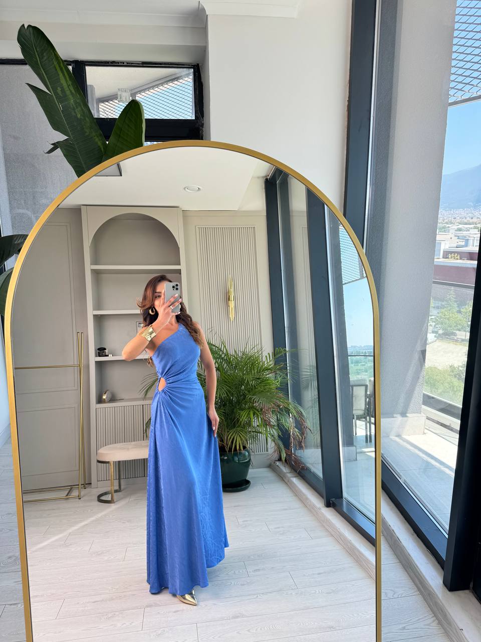 Tasarım%20Mavi%20Jakarlı%20Saten%20Bel%20Detay%20Elbise