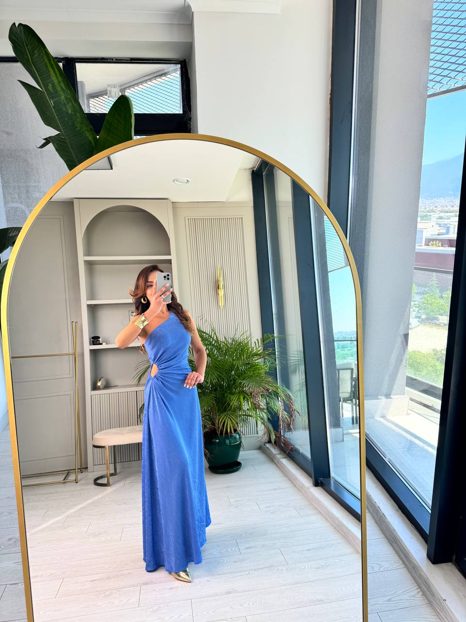 Tasarım%20Mavi%20Jakarlı%20Saten%20Bel%20Detay%20Elbise