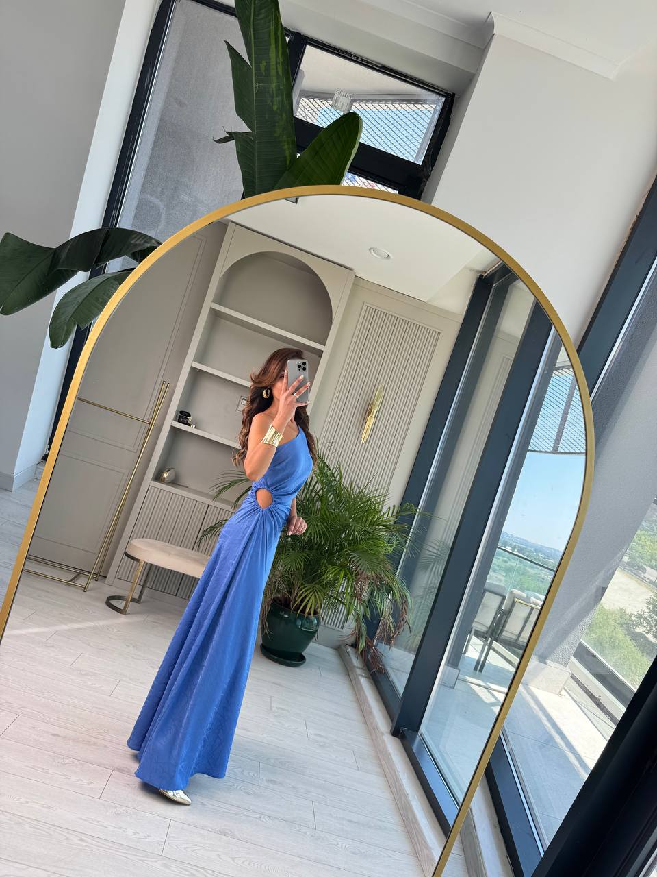 Tasarım%20Mavi%20Jakarlı%20Saten%20Bel%20Detay%20Elbise