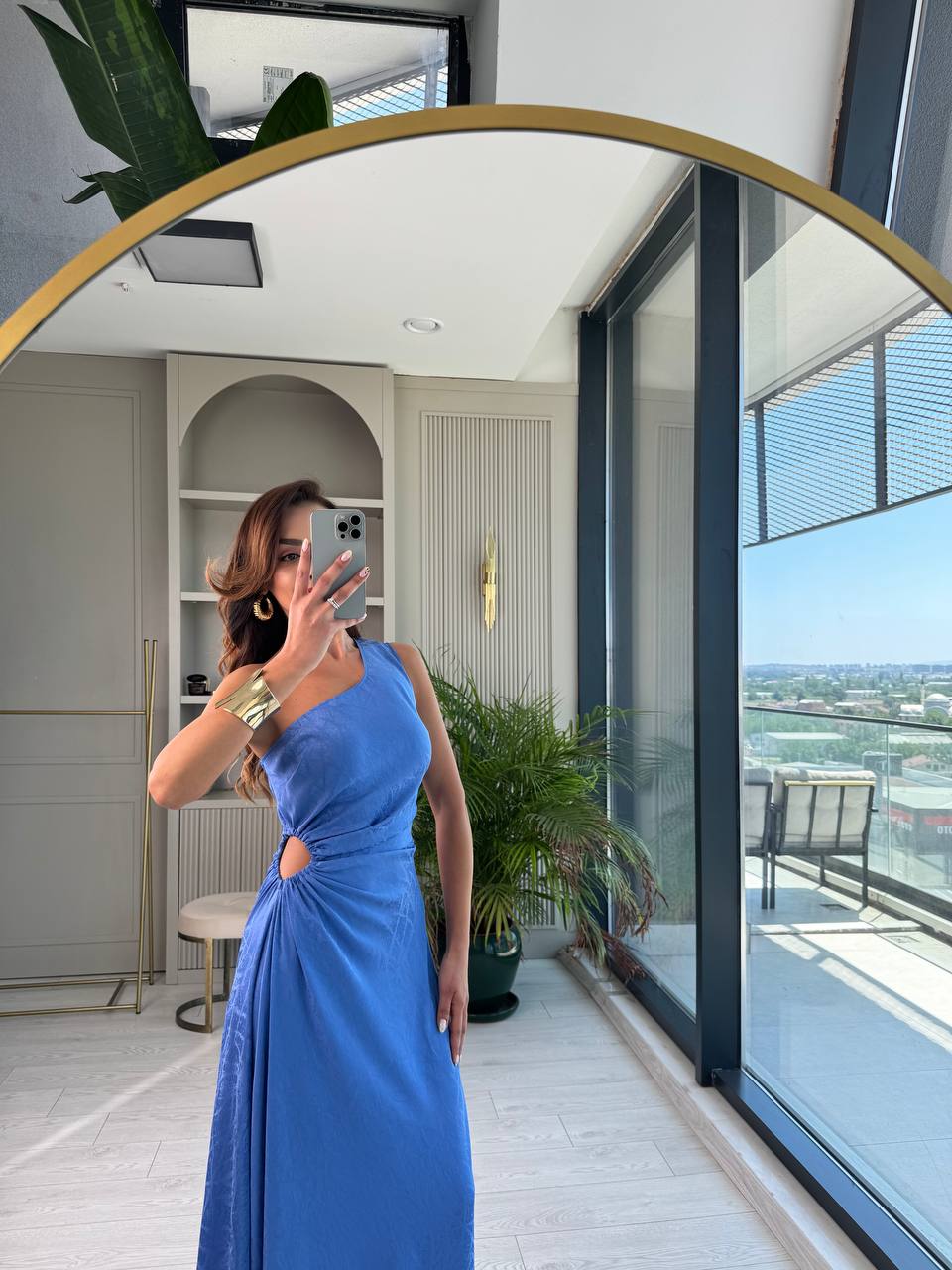 Tasarım%20Mavi%20Jakarlı%20Saten%20Bel%20Detay%20Elbise