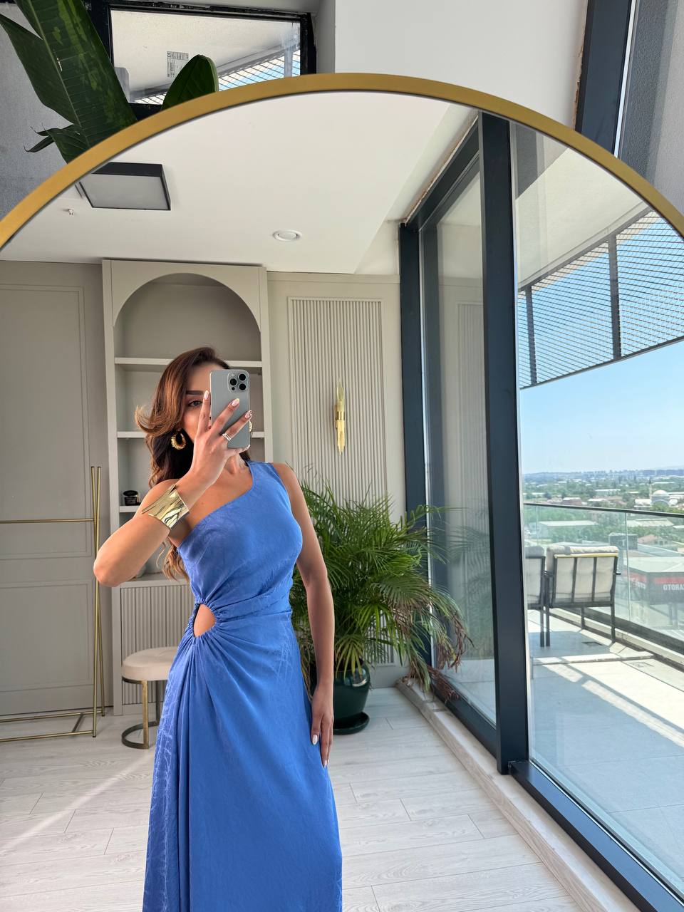 Tasarım%20Mavi%20Jakarlı%20Saten%20Bel%20Detay%20Elbise