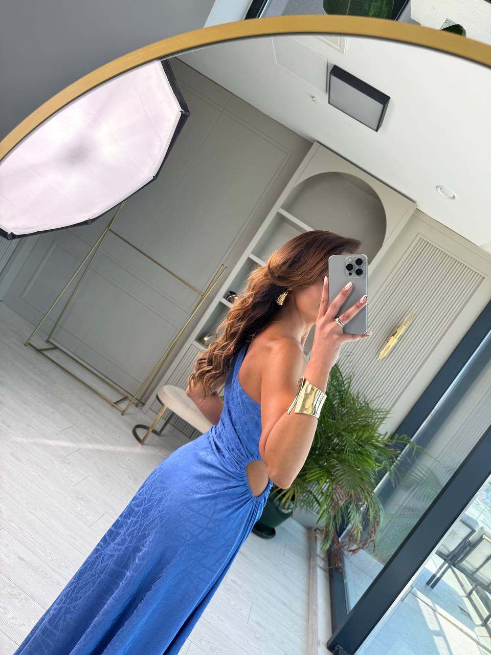 Tasarım%20Mavi%20Jakarlı%20Saten%20Bel%20Detay%20Elbise