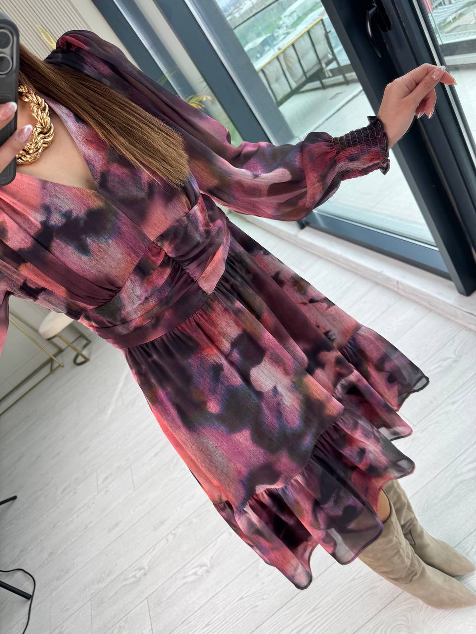 Pembe%20Geçişli%20Astarlı%20Şifon%20Elbise