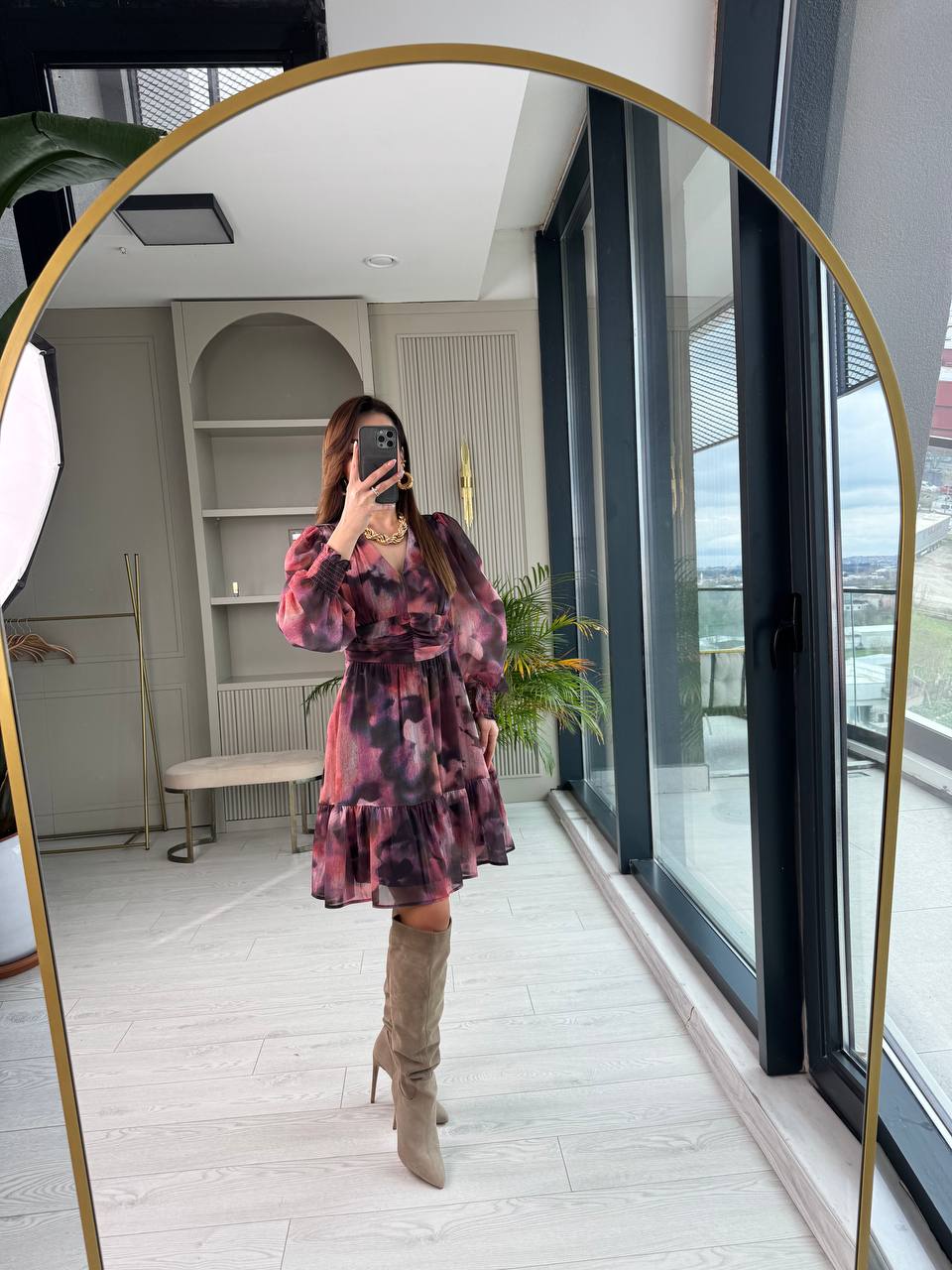 Pembe%20Geçişli%20Astarlı%20Şifon%20Elbise