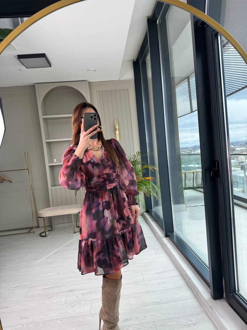 Pembe%20Geçişli%20Astarlı%20Şifon%20Elbise