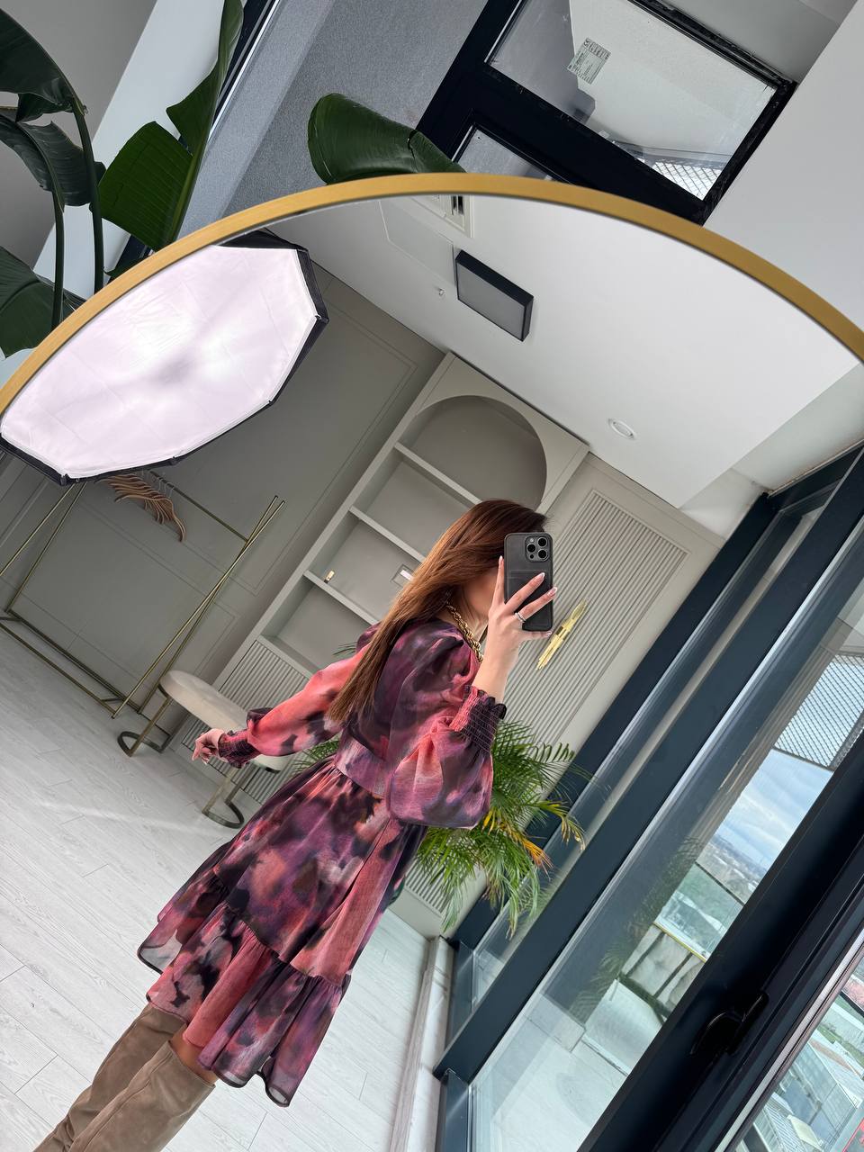 Pembe%20Geçişli%20Astarlı%20Şifon%20Elbise