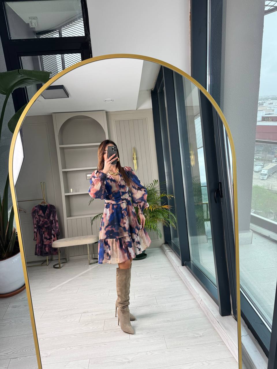 Mavi%20Geçişli%20Astarlı%20Şifon%20Elbise