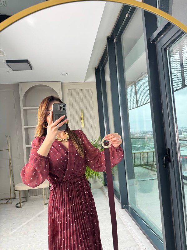 Bordo%20Puantiye%20Desenli%20Kemerli%20Şifon%20Elbise