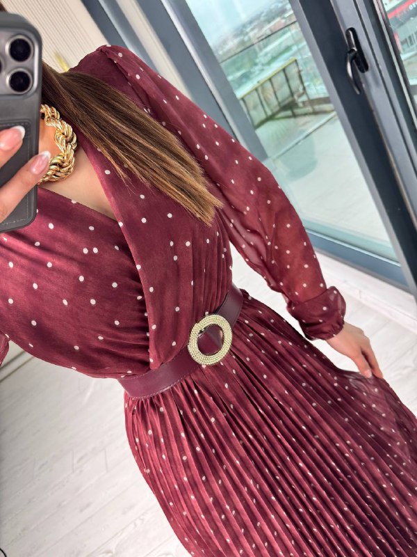 Bordo%20Puantiye%20Desenli%20Kemerli%20Şifon%20Elbise