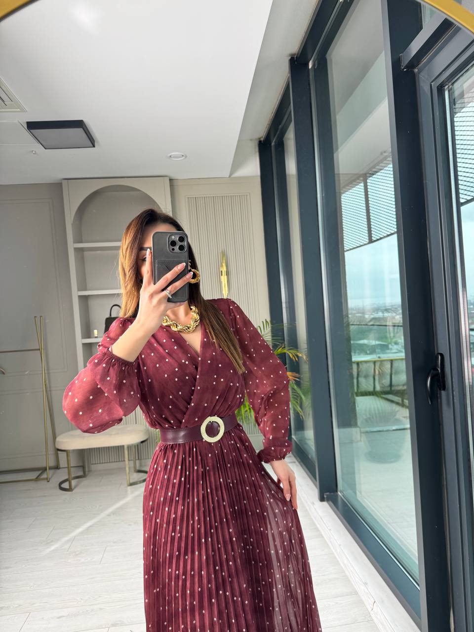 Bordo%20Puantiye%20Desenli%20Kemerli%20Şifon%20Elbise
