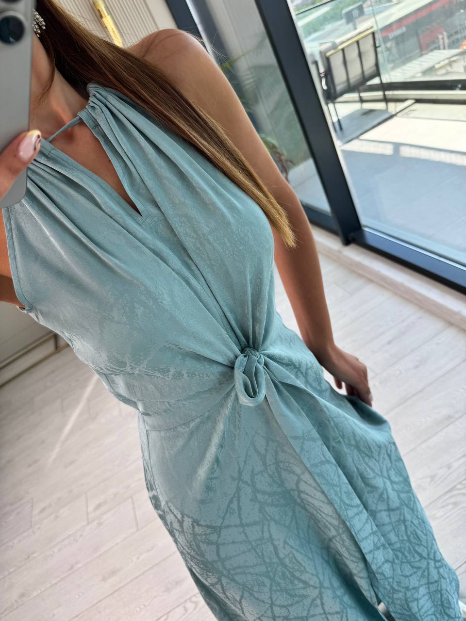 Mint%20Yeşil%20Desenli%20Bağlama%20Detaylı%20Halter%20Yaka%20Pamuk%20Saten%20Elbise