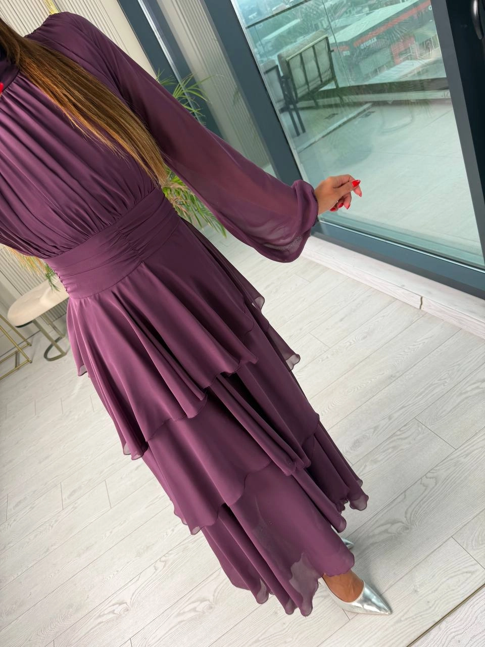 Tasarım%20Mor%20Astarlı%20Beli%20Korsajlı%20Valencia%20Şifon%20Elbise