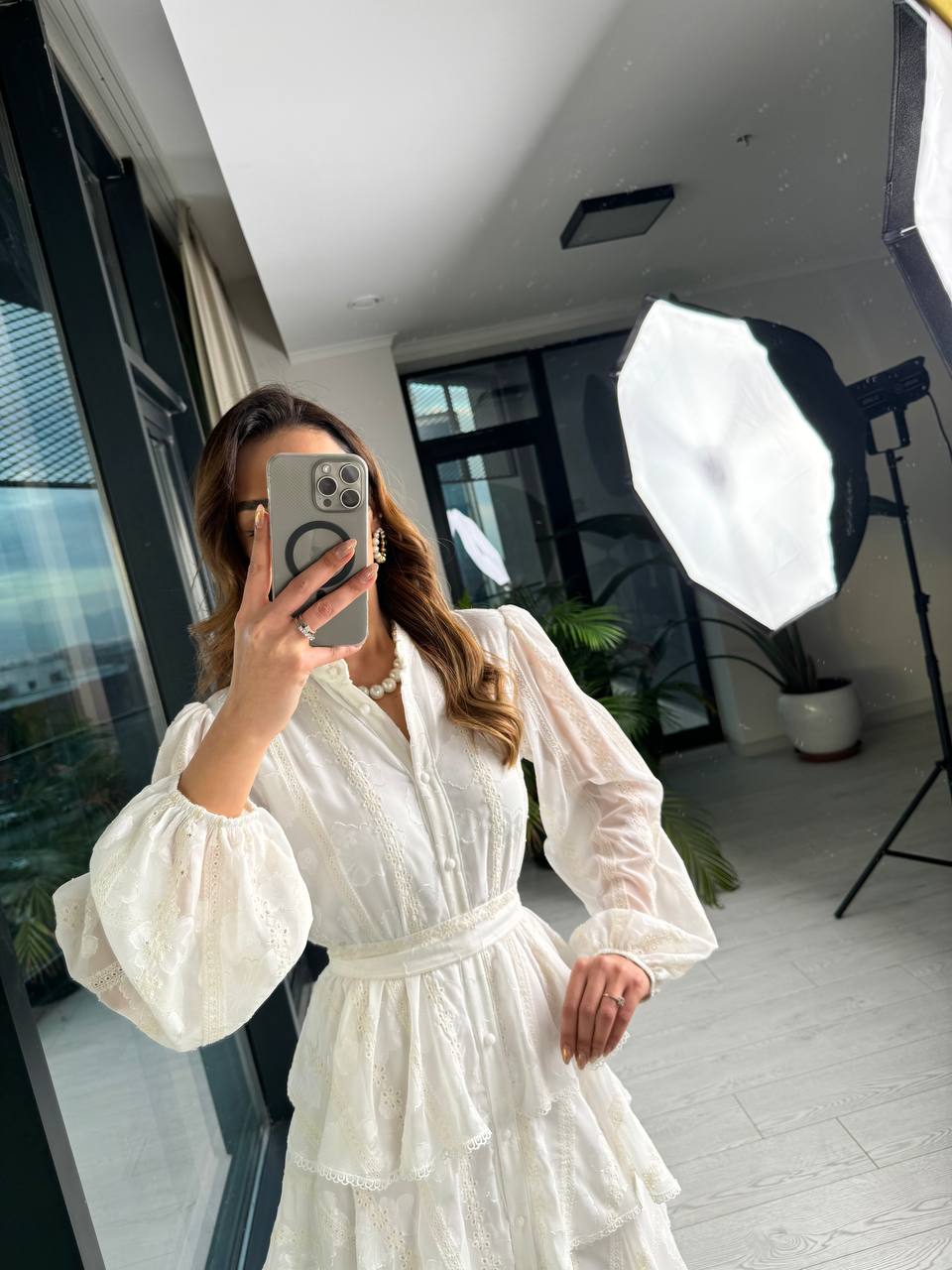 Tasarım%20Ekru%20Eteği%20Kat%20Kat%20Astarlı%20Premium%20Elbise