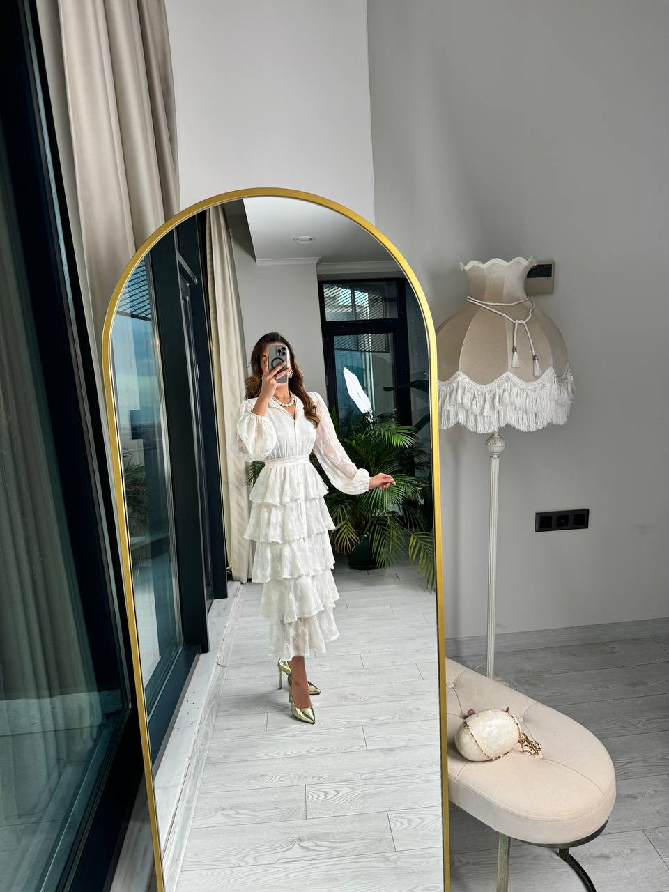 Tasarım%20Ekru%20Eteği%20Kat%20Kat%20Astarlı%20Premium%20Elbise