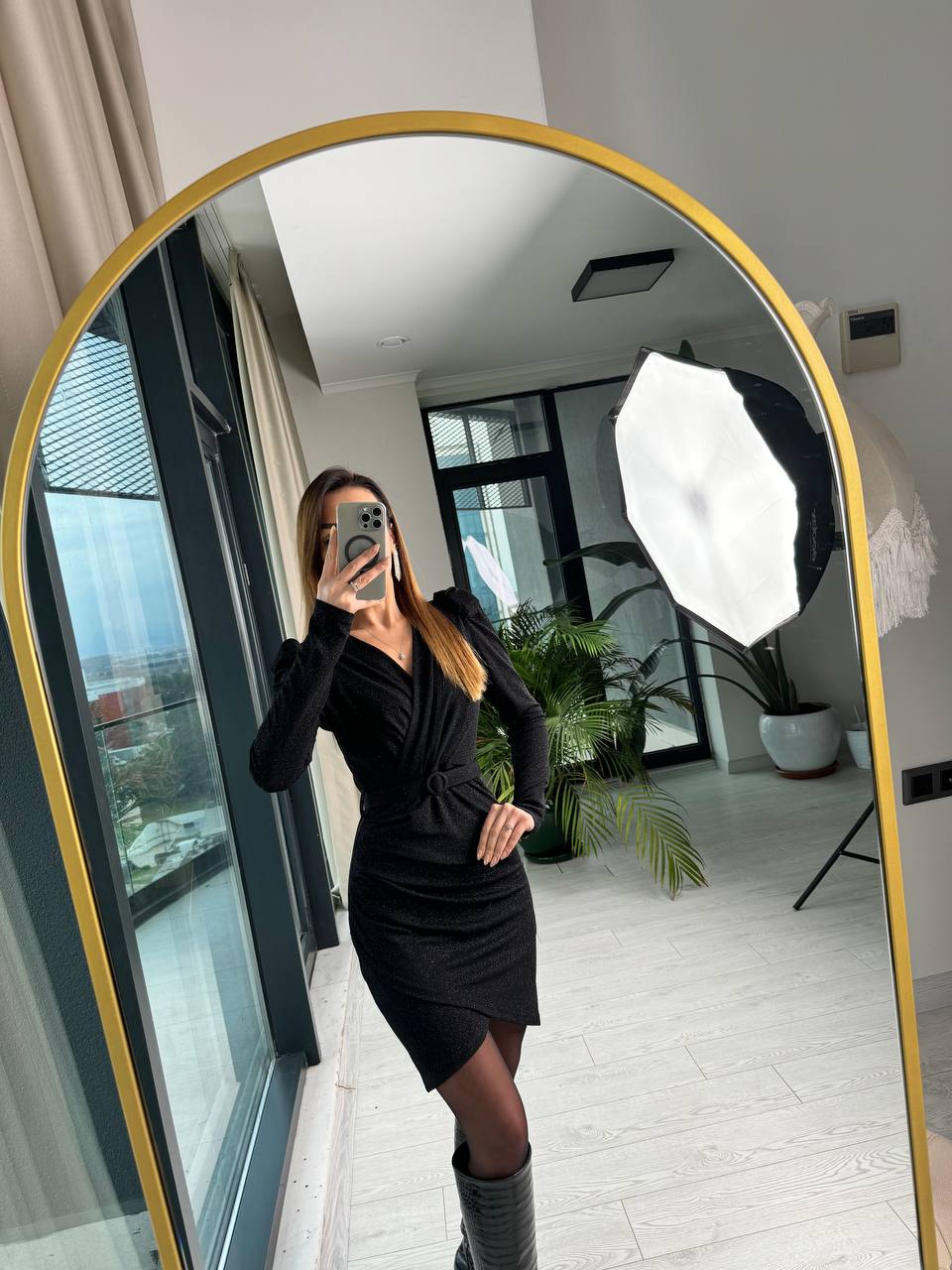 Siyah%20Işıltılı%20Kemerli%20Astarlı%20Elbise