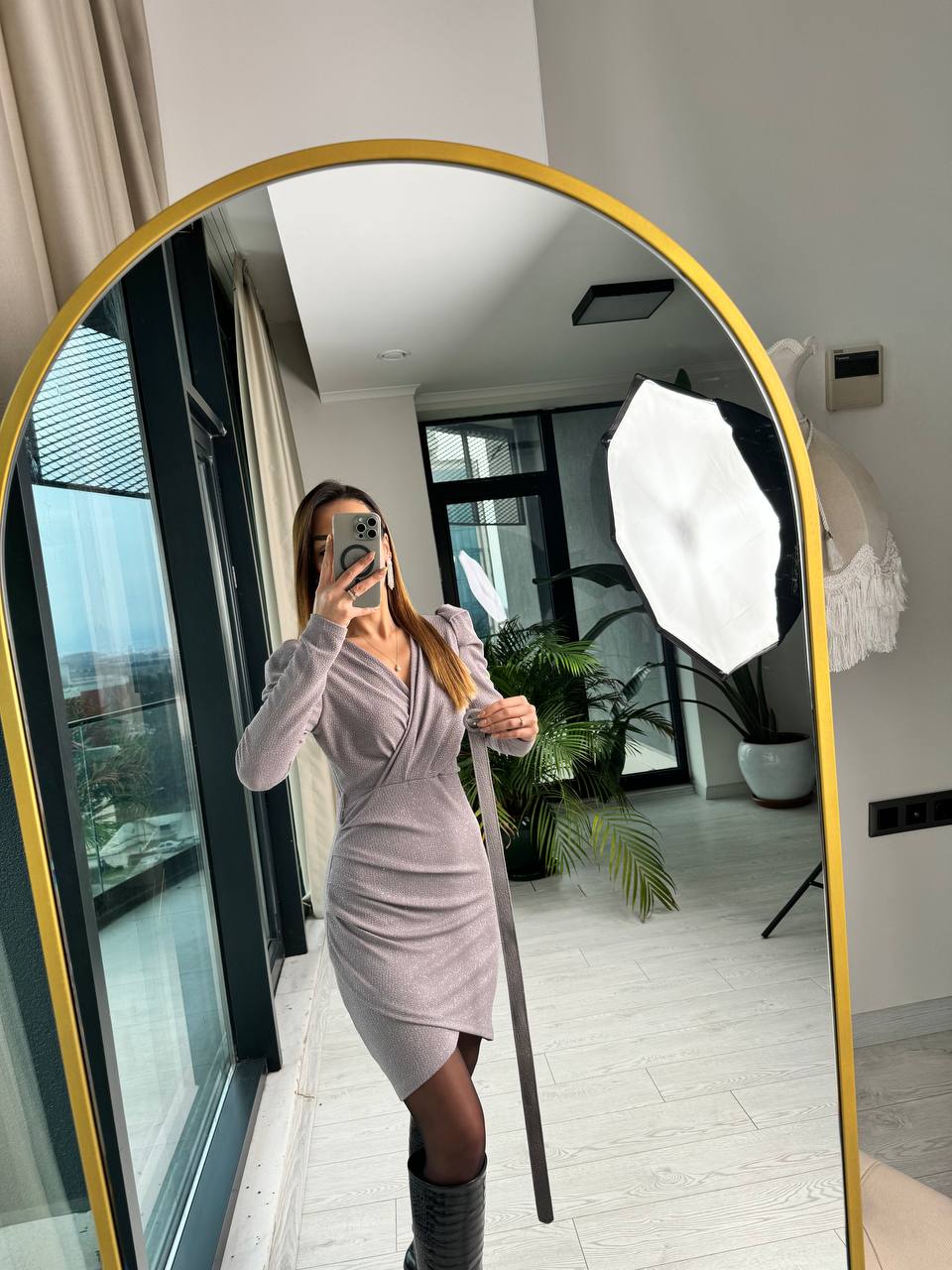 Gri%20Işıltılı%20Kemerli%20Astarlı%20Elbise