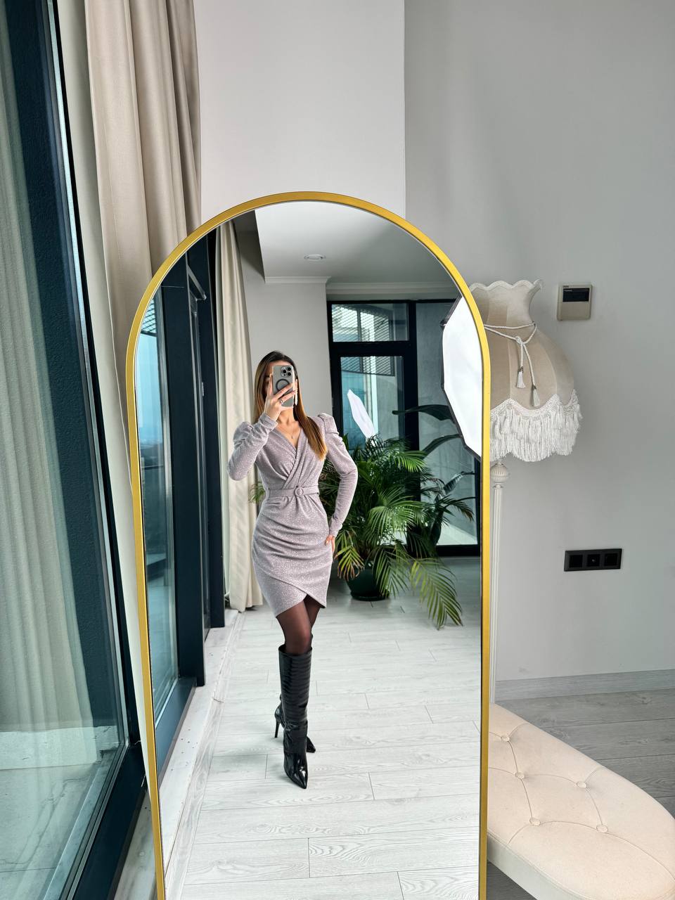 Gri%20Işıltılı%20Kemerli%20Astarlı%20Elbise