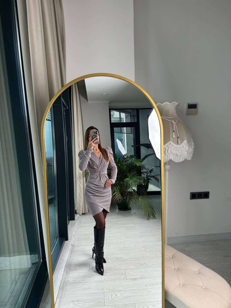 Gri%20Işıltılı%20Kemerli%20Astarlı%20Elbise