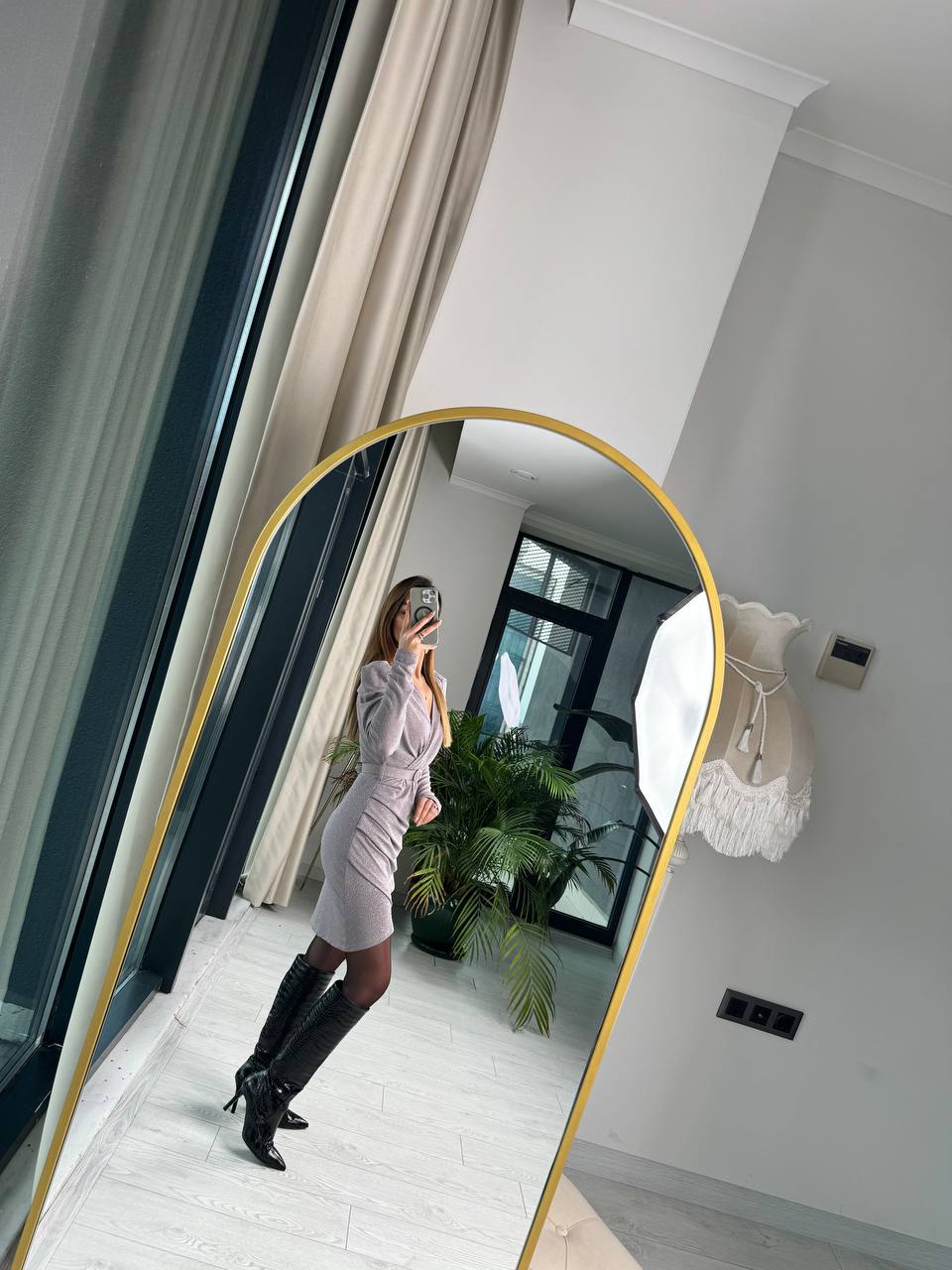 Gri%20Işıltılı%20Kemerli%20Astarlı%20Elbise