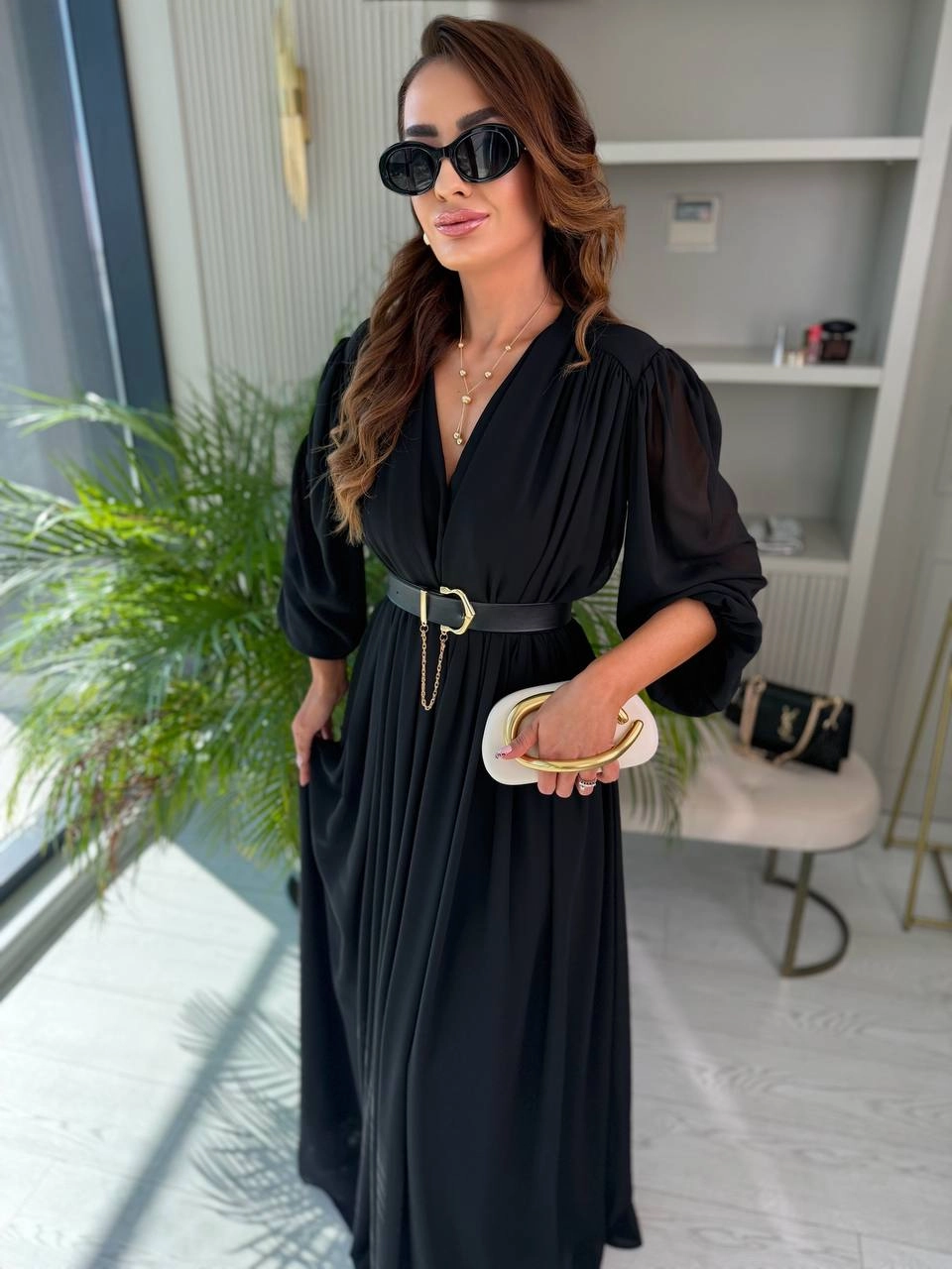 Siyah%20Maxi%20Boy%20Astarlı%20Kemerli%20Premium%20Şifon%20Elbise