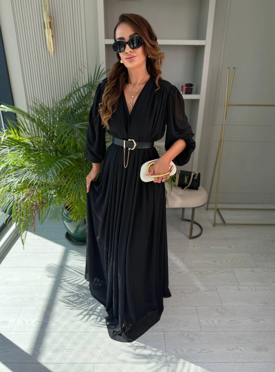 Siyah%20Maxi%20Boy%20Astarlı%20Kemerli%20Premium%20Şifon%20Elbise