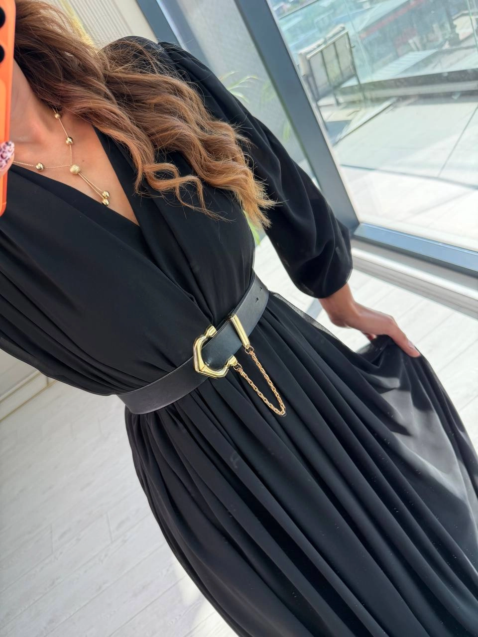 Siyah%20Maxi%20Boy%20Astarlı%20Kemerli%20Premium%20Şifon%20Elbise