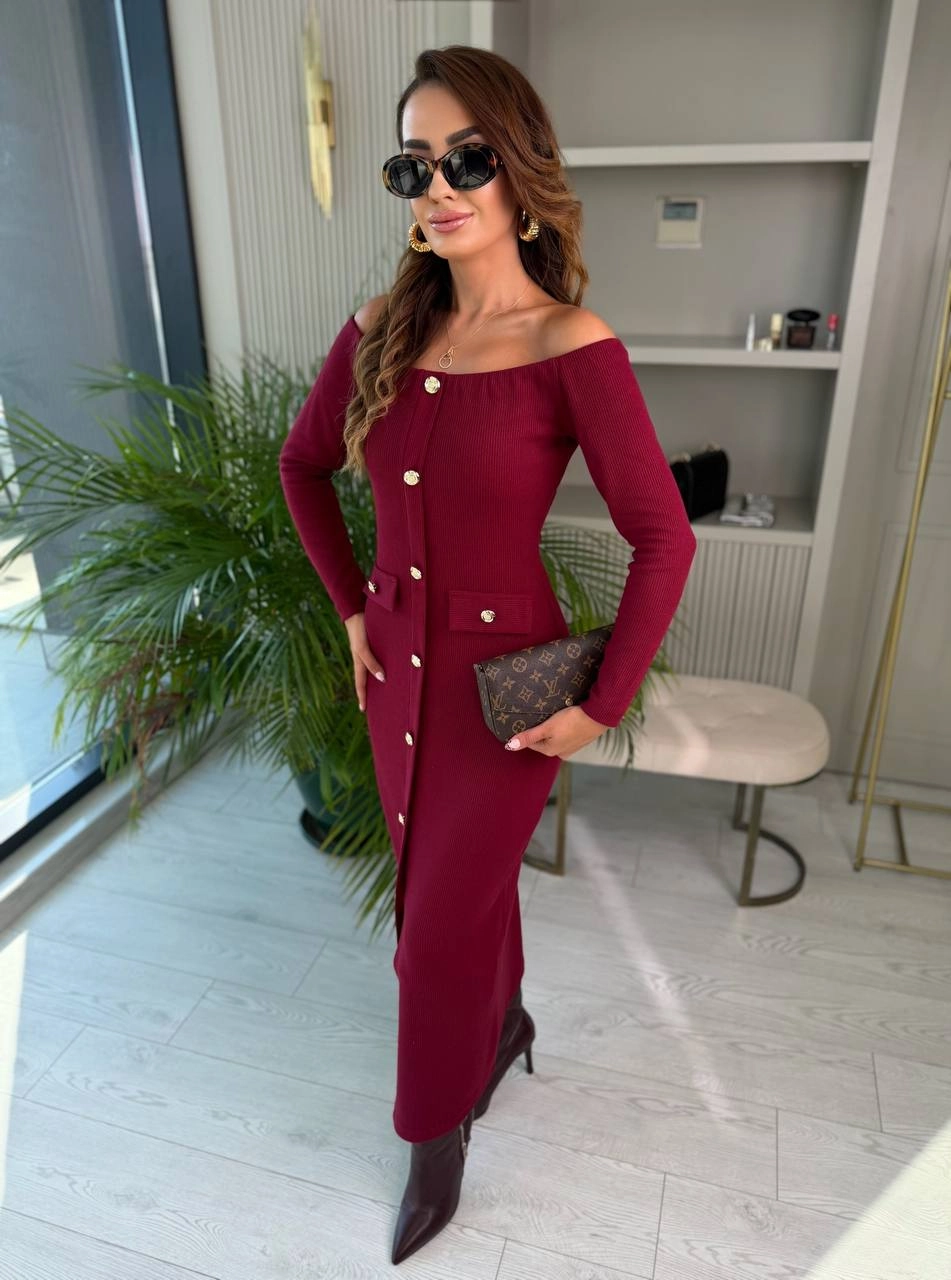 Bordo%20Kayık%20Yaka%20Düğme%20Detaylı%20Fitilli%20Çelik%20Kumaş%20Kalem%20Elbise
