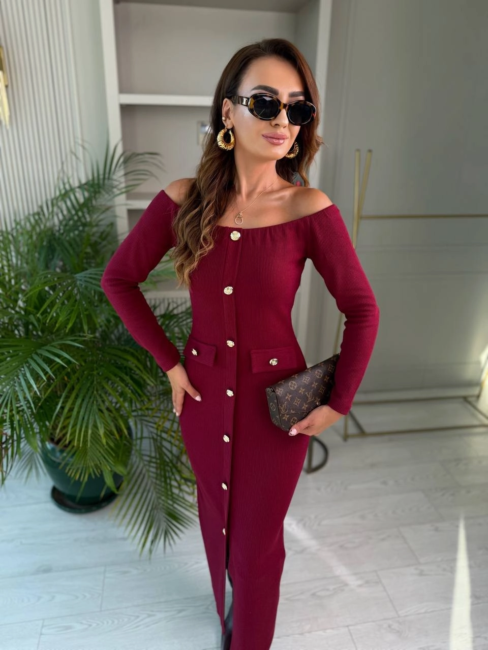 Bordo%20Kayık%20Yaka%20Düğme%20Detaylı%20Fitilli%20Çelik%20Kumaş%20Kalem%20Elbise