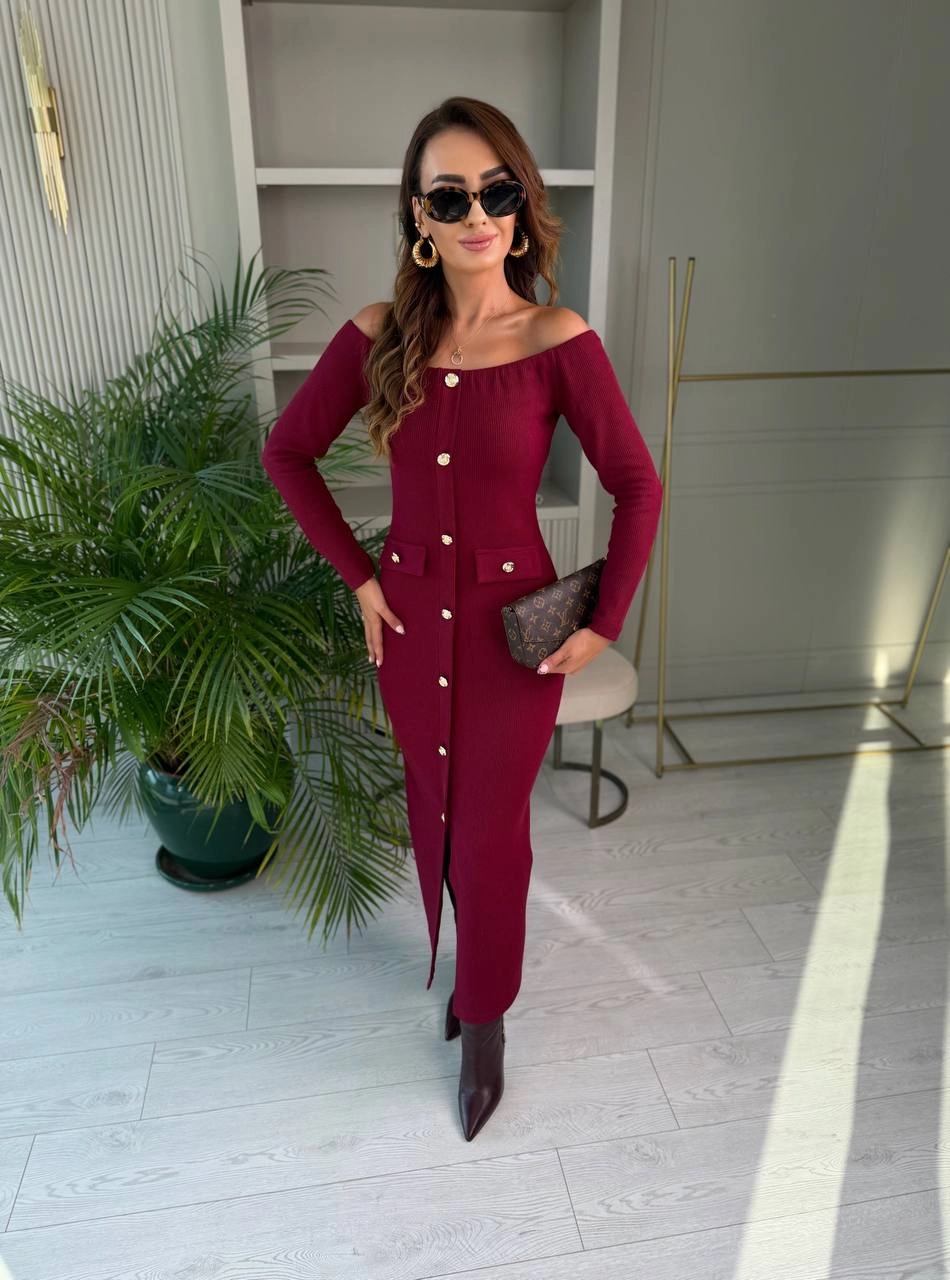 Bordo%20Kayık%20Yaka%20Düğme%20Detaylı%20Fitilli%20Çelik%20Kumaş%20Kalem%20Elbise