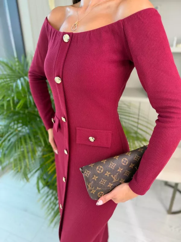 Bordo%20Kayık%20Yaka%20Düğme%20Detaylı%20Fitilli%20Çelik%20Kumaş%20Kalem%20Elbise
