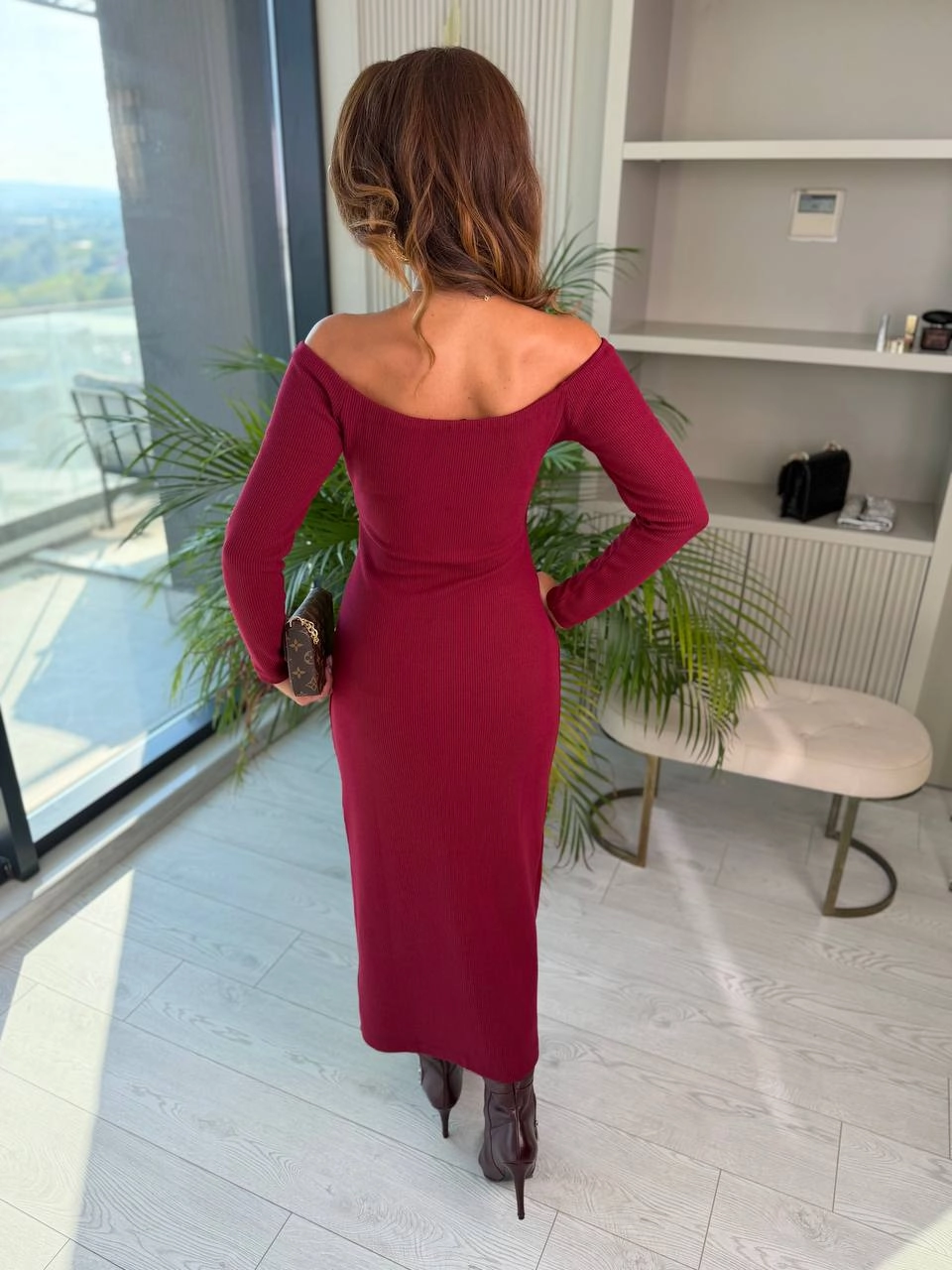Bordo%20Kayık%20Yaka%20Düğme%20Detaylı%20Fitilli%20Çelik%20Kumaş%20Kalem%20Elbise