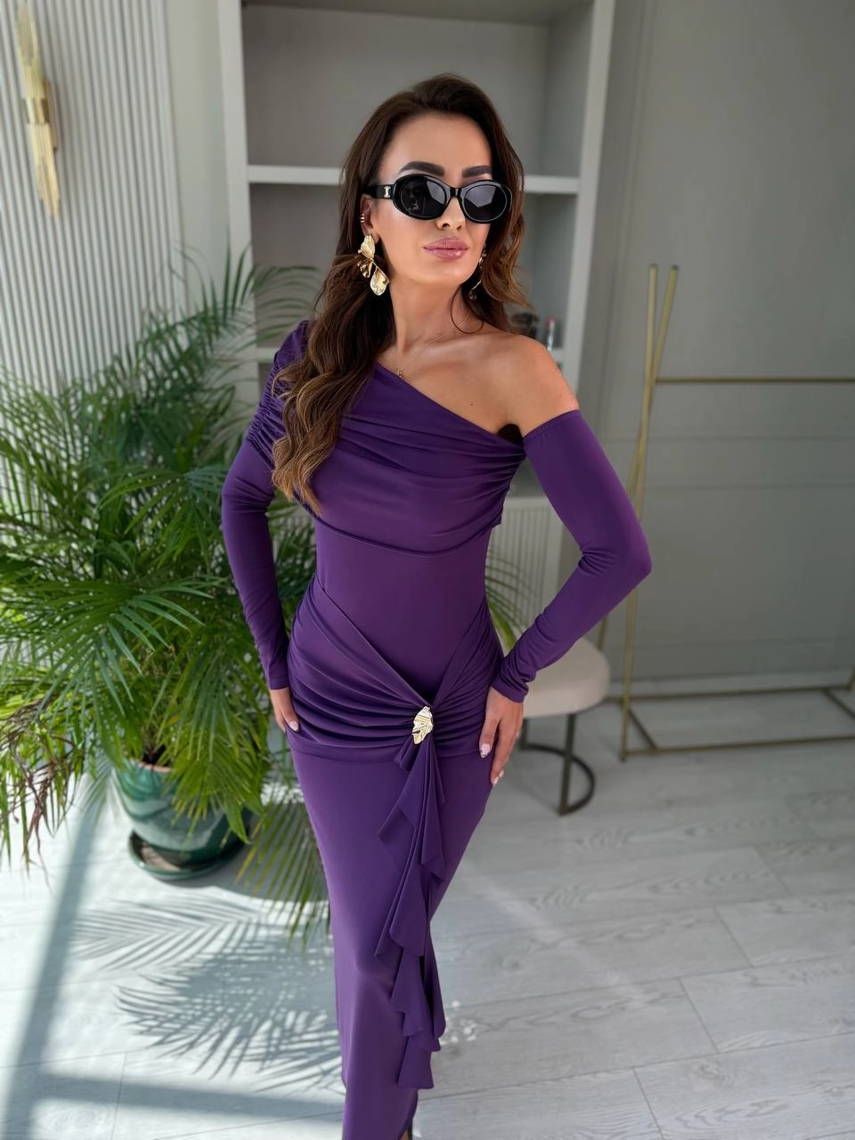 Mor%20Omuz%20Detay%20İthal%20Likralı%20Candy%20Kumaş%20Elbise