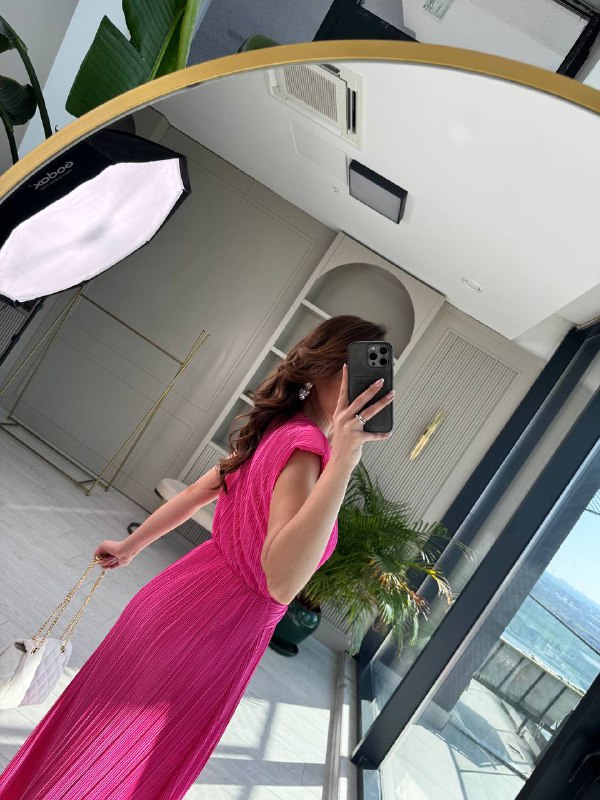 Pembe%20Bel%20Detay%20Astarlı%20Piliseli%20Kumaş%20Elbise