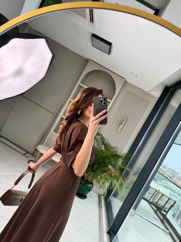 Kahverengi%20Kemerli%20Yarasa%20Kol%20Tok%20Krep%20Kumaş%20Elbise