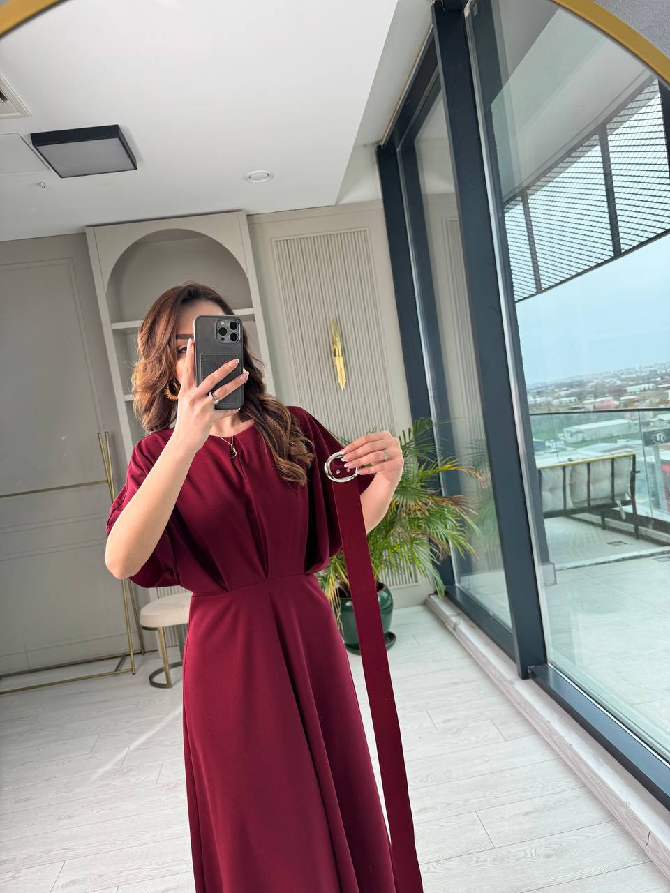 Bordo%20Kemerli%20Yarasa%20Kol%20Tok%20Krep%20Kumaş%20Elbise