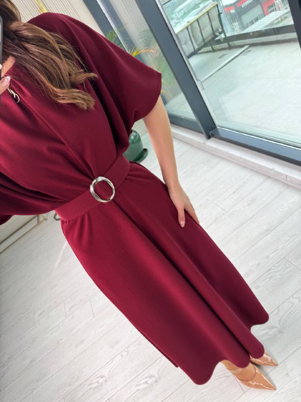 Bordo%20Kemerli%20Yarasa%20Kol%20Tok%20Krep%20Kumaş%20Elbise
