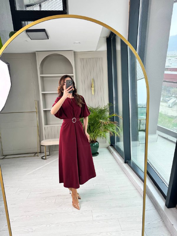 Bordo%20Kemerli%20Yarasa%20Kol%20Tok%20Krep%20Kumaş%20Elbise