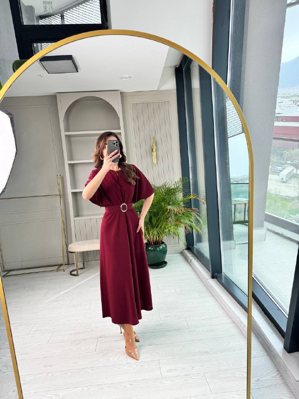 Bordo%20Kemerli%20Yarasa%20Kol%20Tok%20Krep%20Kumaş%20Elbise